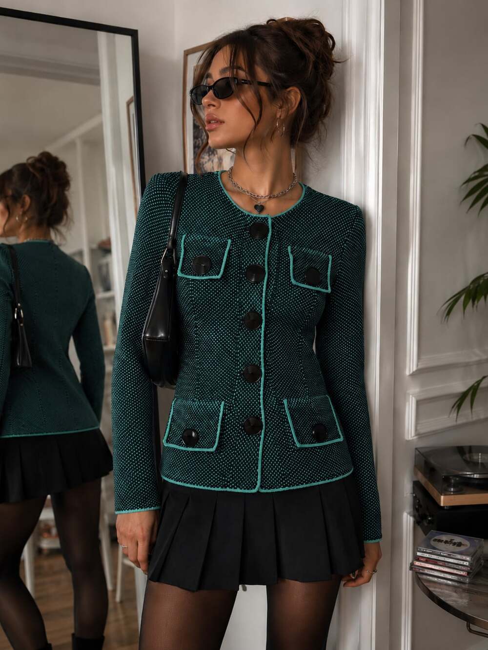 Carlisle Merino Wool Knit Jacket Black Aqua Zip Cardigan Chanel Style Sz S